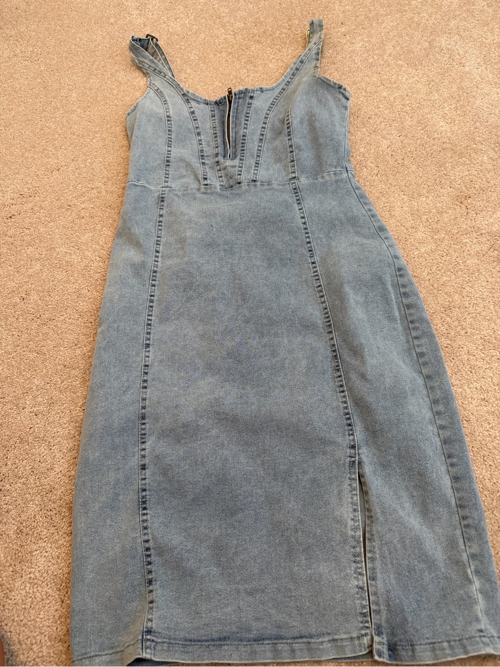 Old Navy Blue Denim Overall Midi Dress with Front Zip